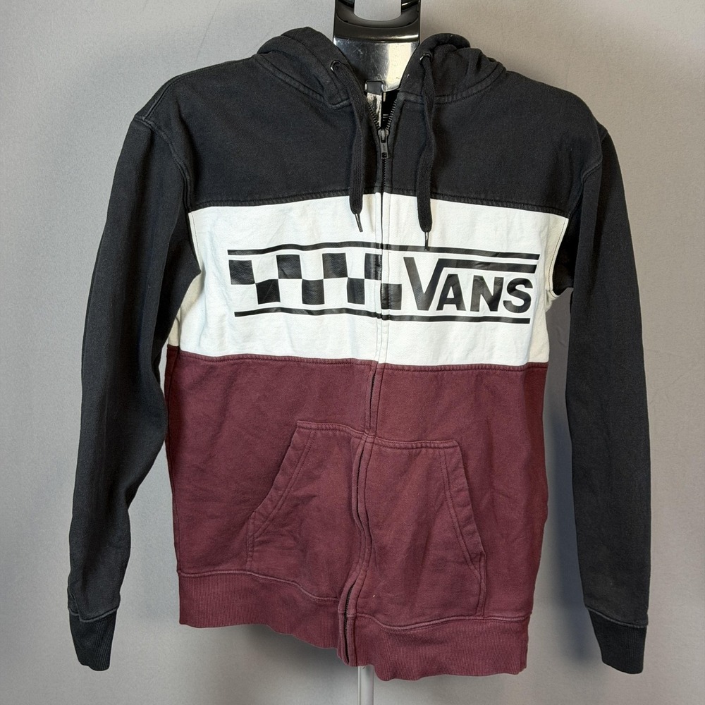 Vans Hoodie Mens Medium Black White Burgundy Zip Checkerboard Logo Sweatshirt